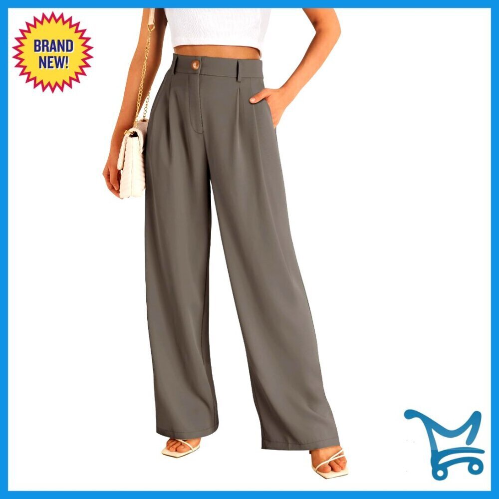 High Waisted Wide Leg Dress Pants, Polyester Trousers for Work or Casual